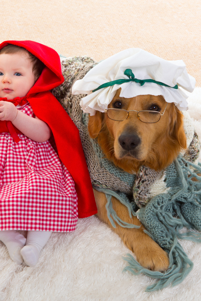 Маленькая девочка в костюме красной шапочки с большой собакой