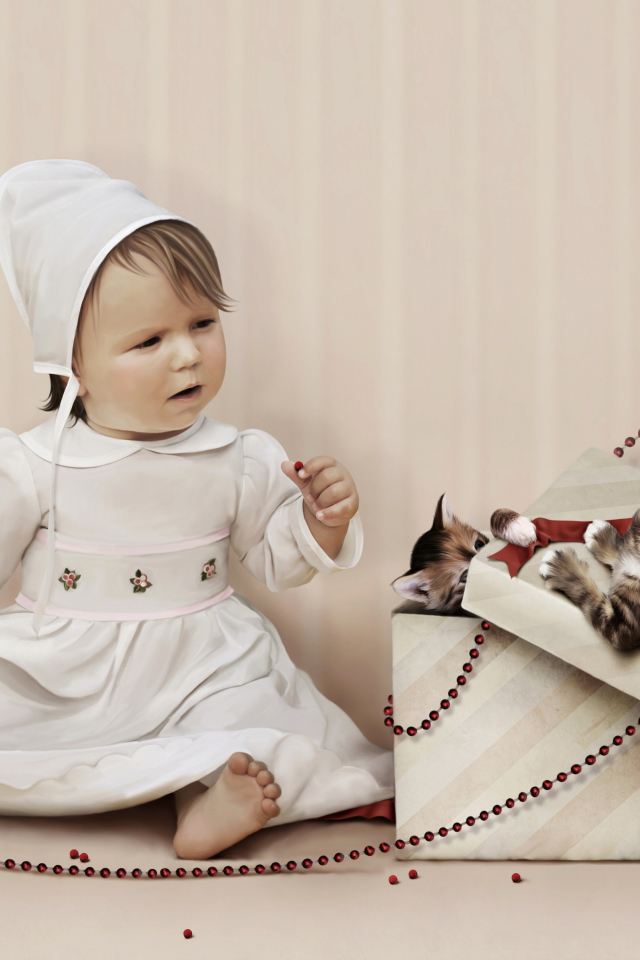 Маленькая девочка в белом платье с коробком с маленькими котятами