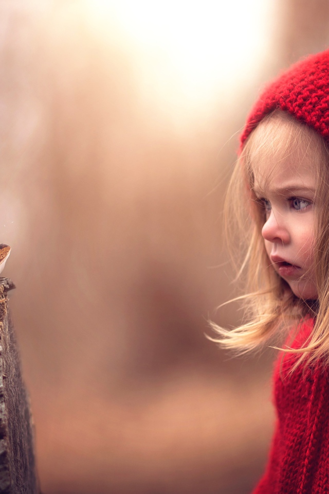 Удивленная девочка в красном капюшоне смотрит на лягушку