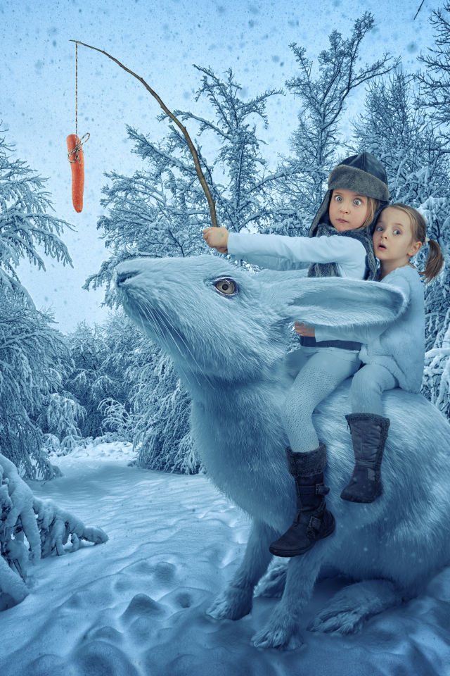 Two funny girls are sitting on a big magic rabbit in a winter forest