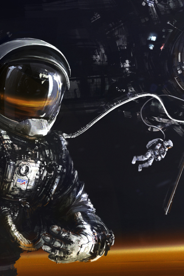 Астронавт и космический корабль над поверхностью Марса