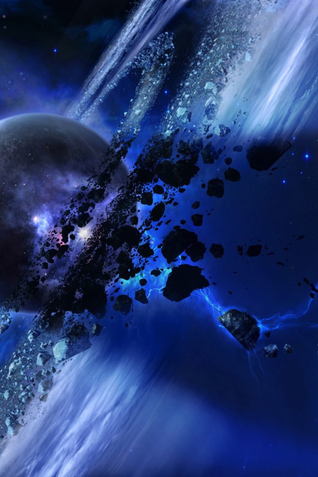 Полет метеоритов вокруг планеты Сатурн в космосе