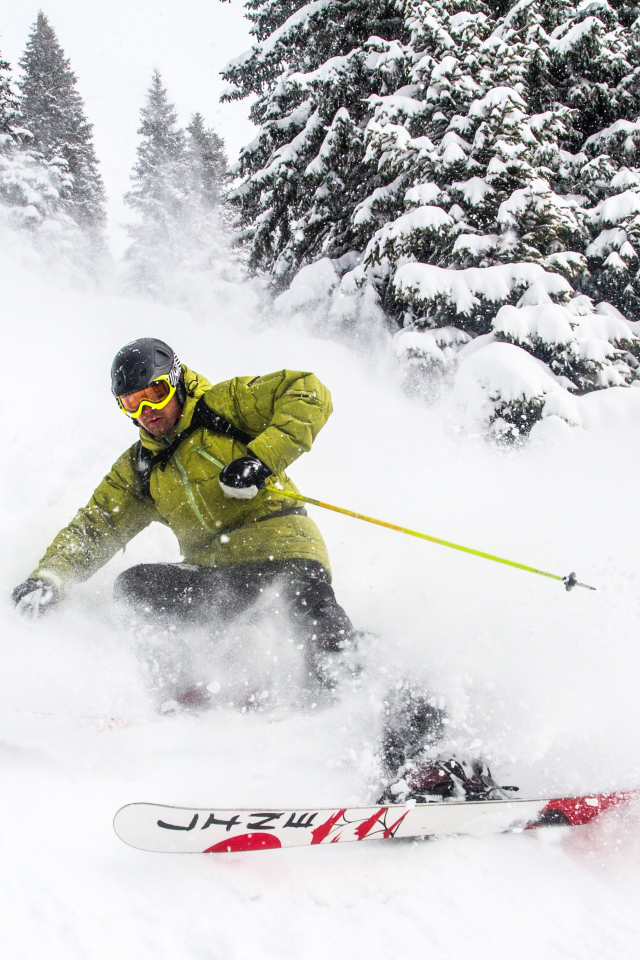 Спортсмен лыжник спускается по заснеженному склону
