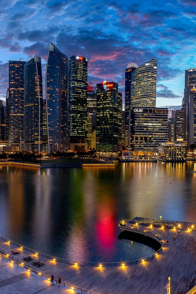 Небоскребы и гавань ночного Сингапура, Азия 