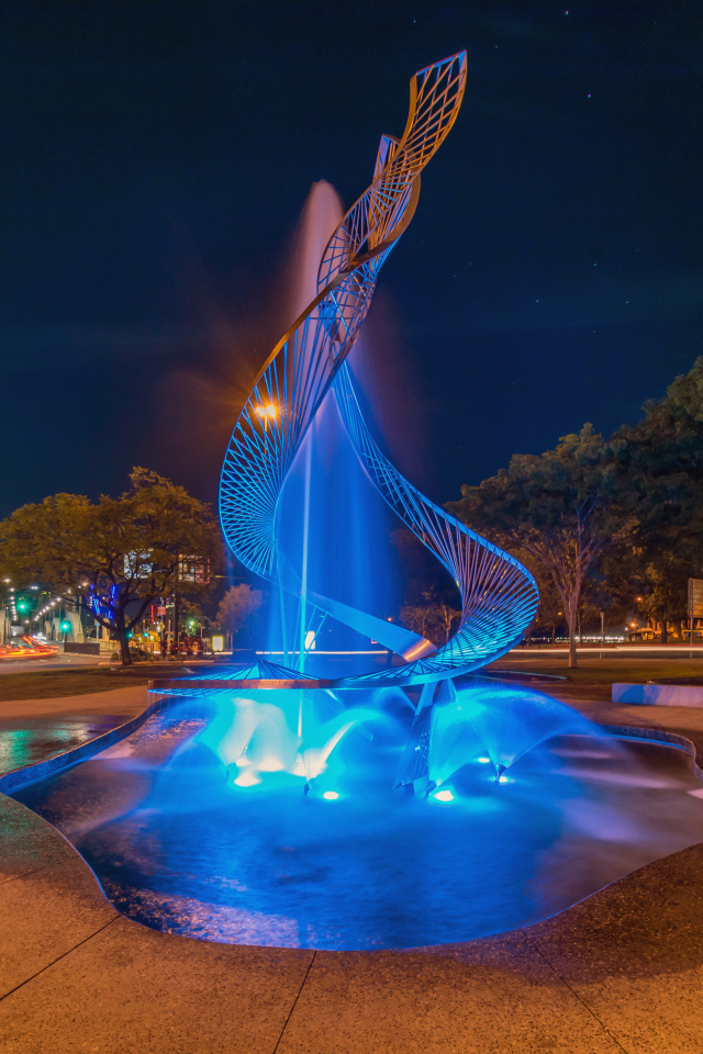 Beautiful fountain with blue lights in the park, the city of Brisbane. Australia