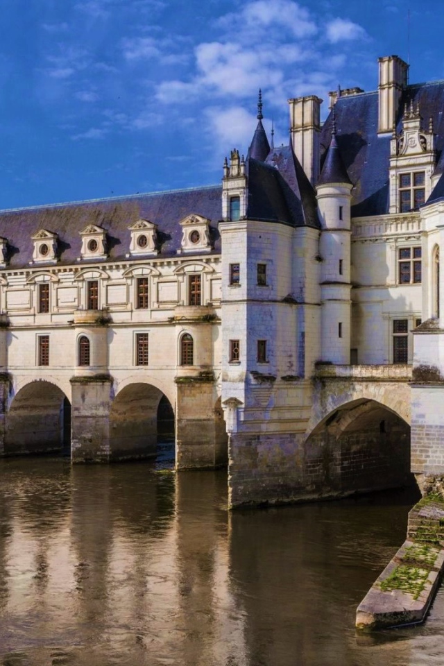 Старинный замок Шенонсо на воде под голубым небом, Франция