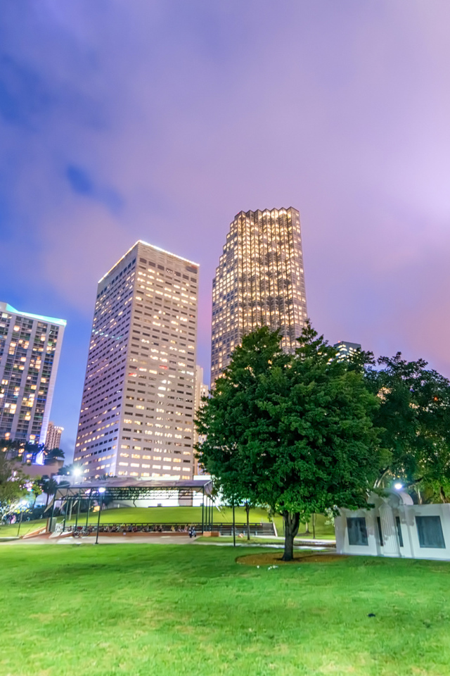 Вид на ночные небоскребы города Майами из городского парка, Флорида. США