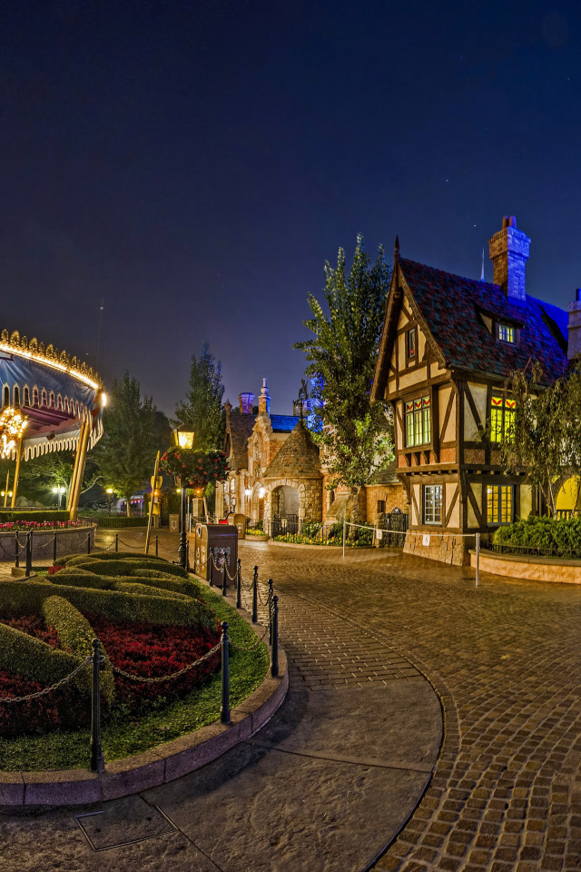 Карусели в гирляндах в парке Диснейленд, Калифорния. США