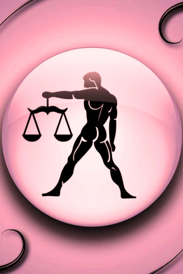 Знак зодиака Весы на  розовом фоне с чёрным орнаментом 