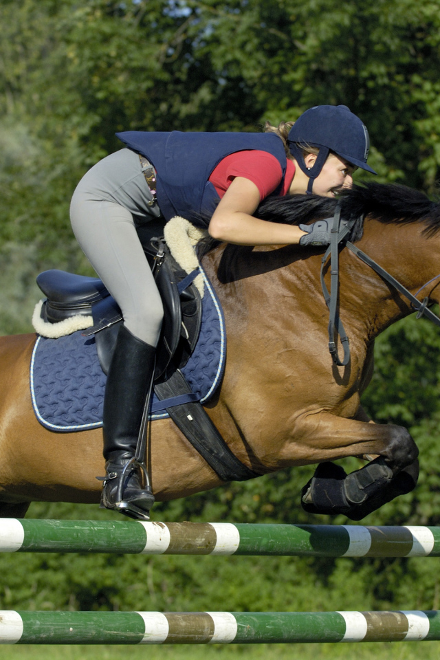 A girl in a sports uniform jumps over a barrier on a horse