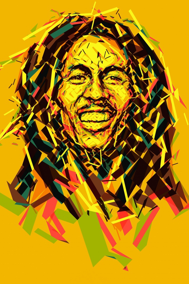 Графический рисунок Боба Марли на желтом фоне