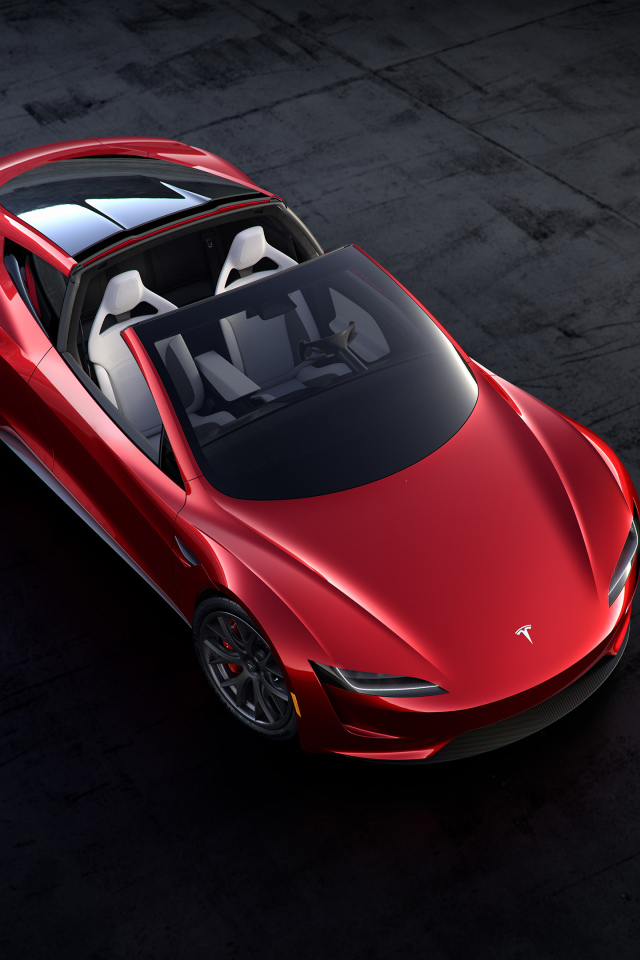Красный автомобиль Tesla Roadster, 2020 вид сверху
