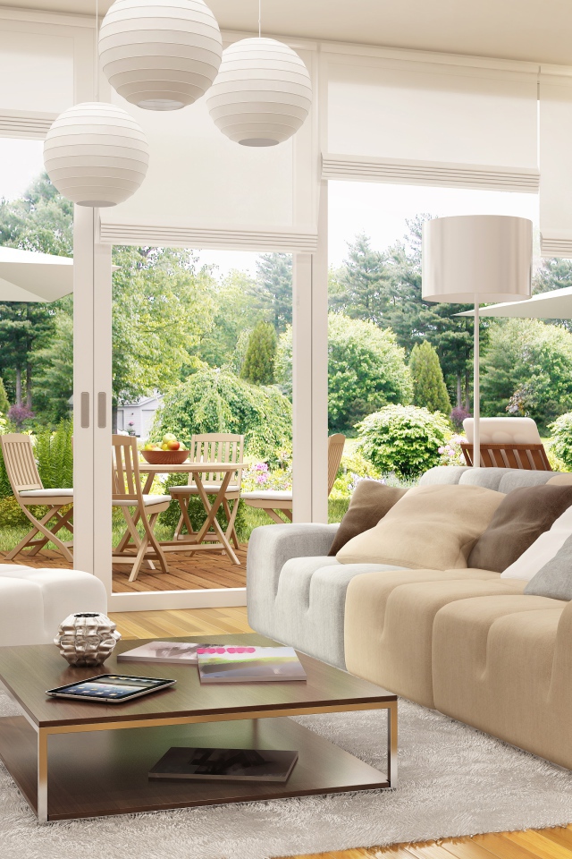 Просторная столовая комната с большими окнами