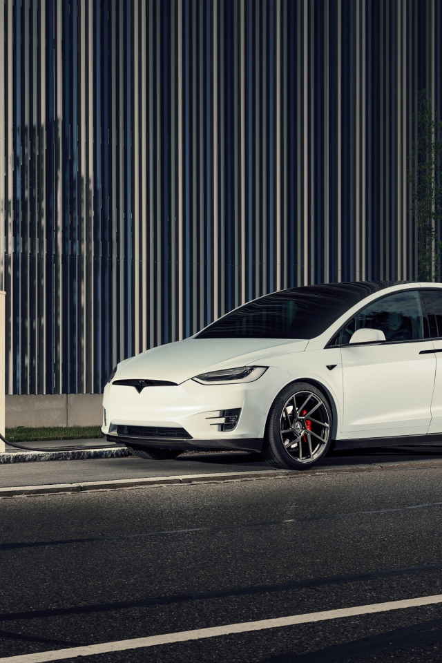 Белый электрокар Tesla Model X на заправке