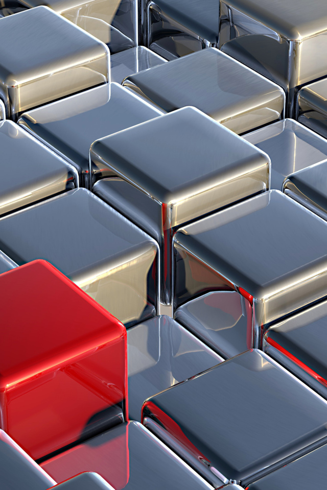 Красный куб среди серебристых, 3д графика