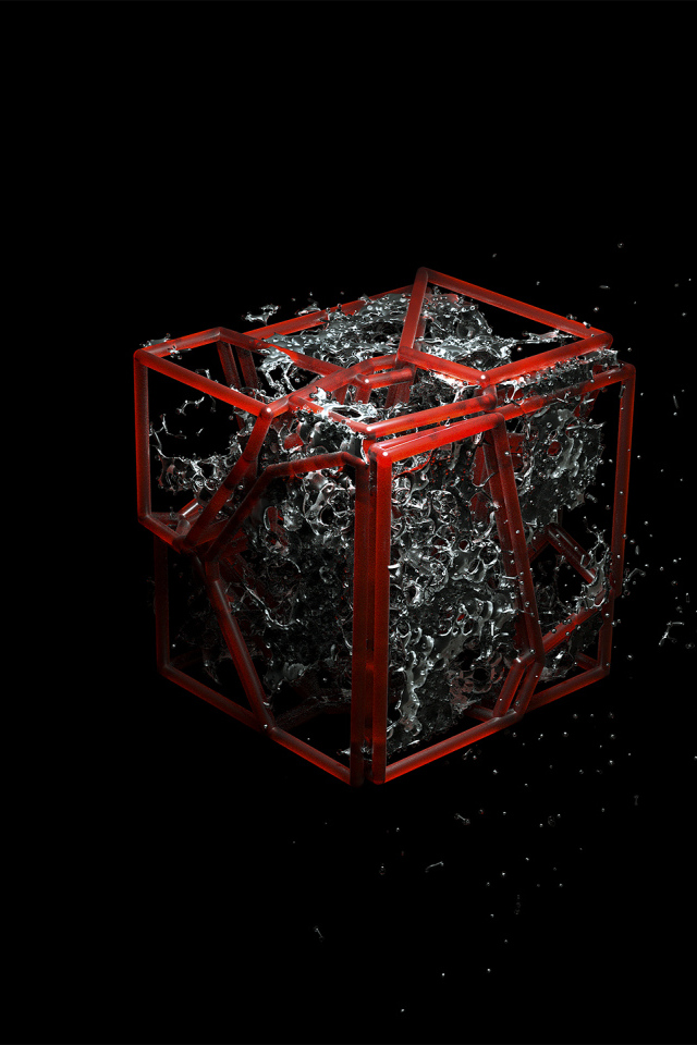 Красный куб с водой внутри на черном фоне, 3д графика