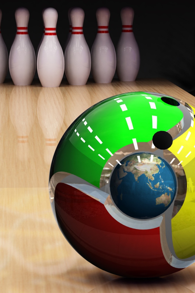 Сфера на дорожке для боулинга и кегли на заднем плане, 3д графика