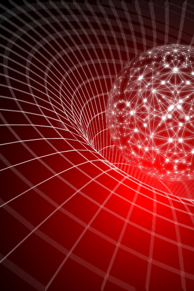 Светящийся белый шар погружается в воронку виртуальной сетки, 3д графика