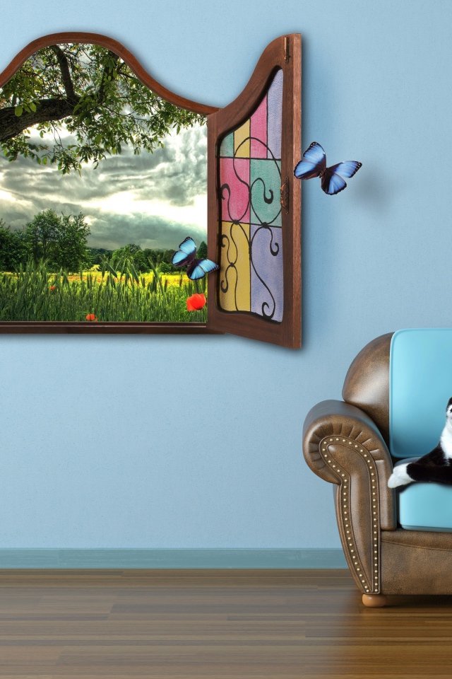 Черно белый кот лежит на кресле у окна