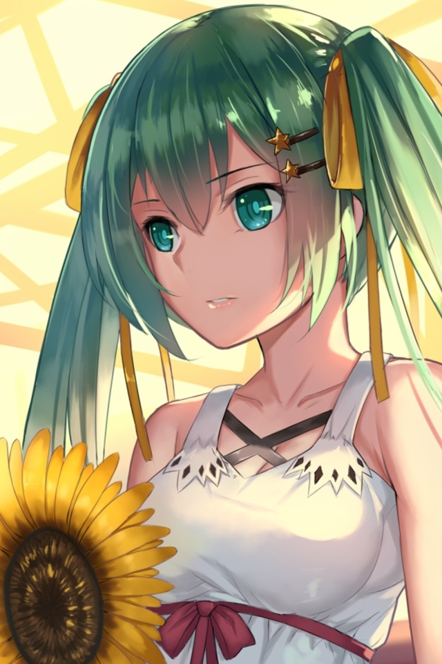 Девушка аниме Мику Хацунэ с подсолнухом в руках