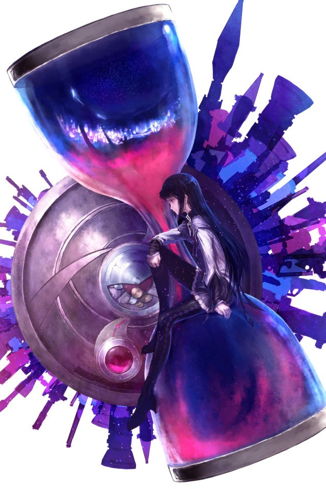 Девушка аниме сидит на больших песочных часах на белом фоне