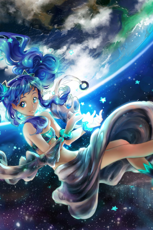 Девушка аниме с синими волосами парит в воздухе