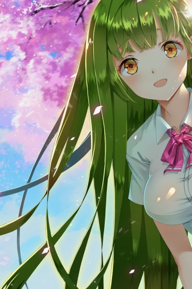 Девушка аниме с зелеными волосами и карими глазами