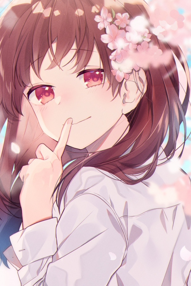 Девушка аниме с цветами сакуры в волосах 