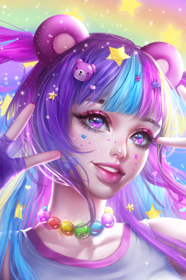 Яркая девушка аниме с фиолетовыми волосами