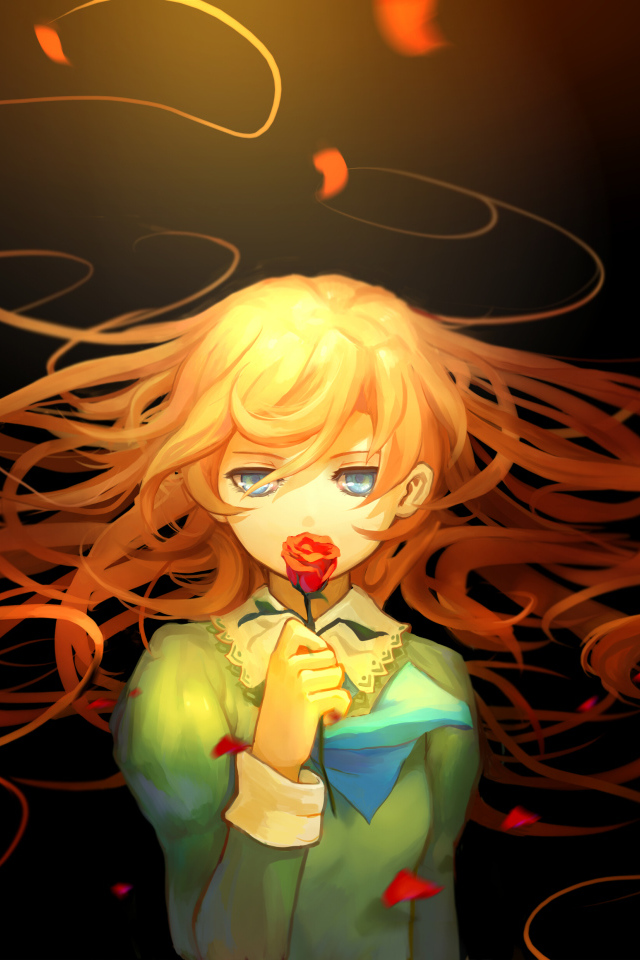 Red-haired anime girl with a rose in her hands