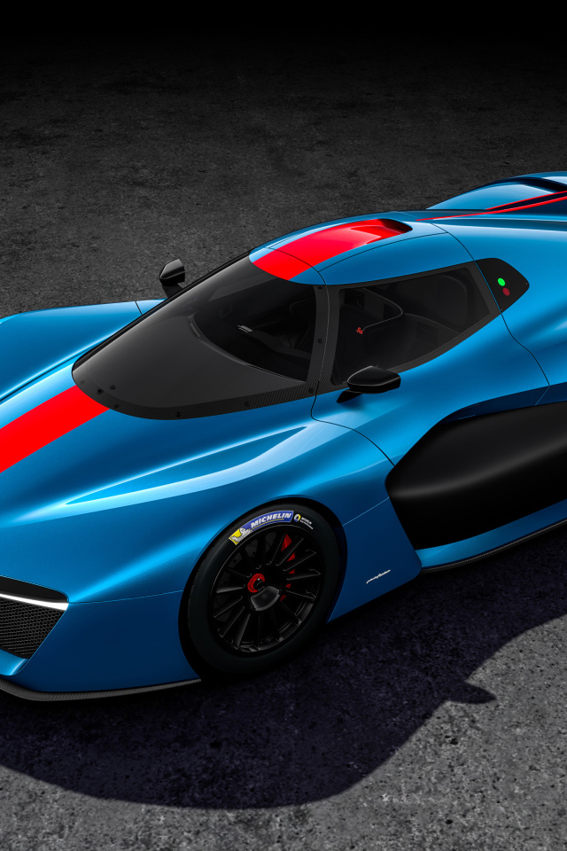 Голубой гоночный автомобиль Pininfarina H2 Speed Front 2018