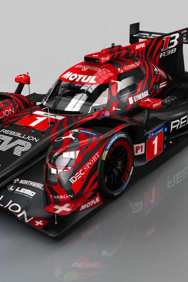 Гоночный автомобиль Rebellion R13 на сером фоне