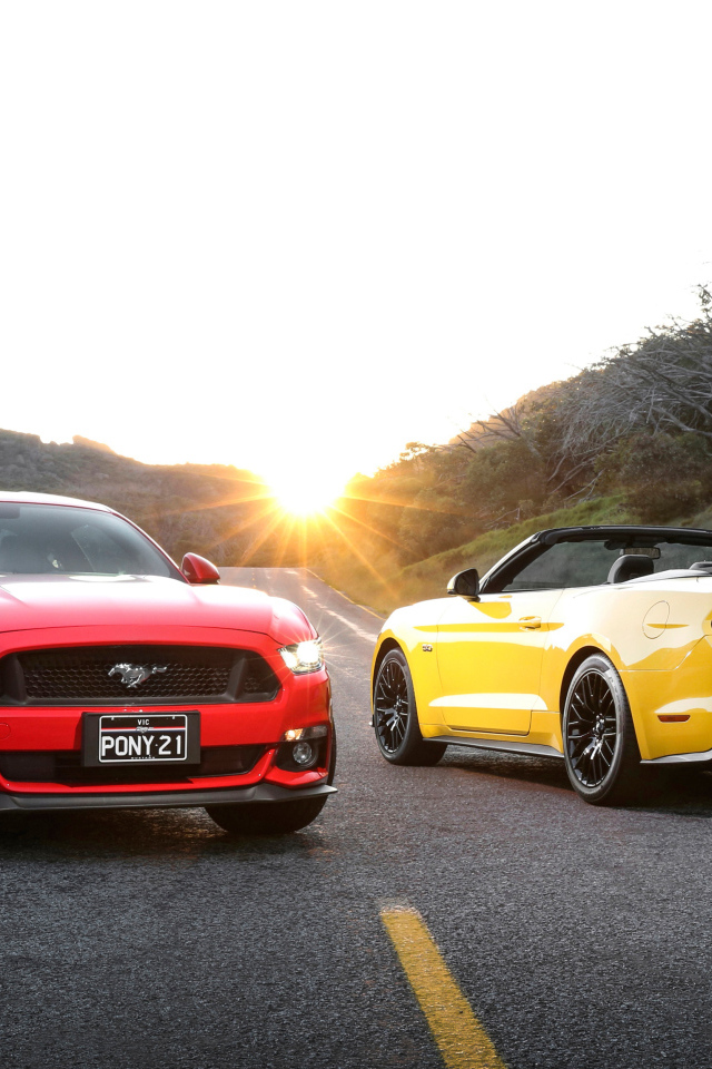 Красный и желтый автомобили Ford Mustang на дороге