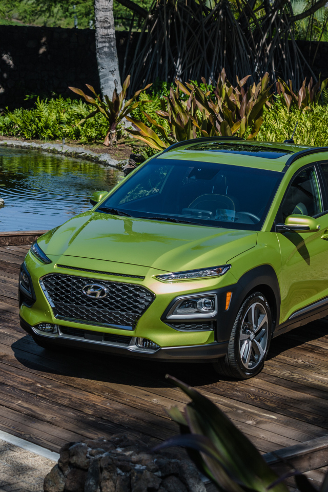Салатовый автомобиль Hyundai Kona у воды