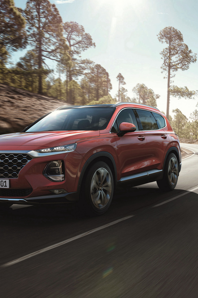 Красный автомобиль Hyundai Santa Fe, 2018 года на трассе