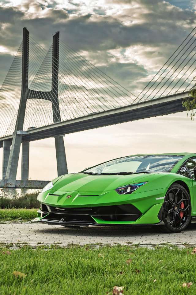 Зеленый дорогой автомобиль Lamborghini Aventador SVJ 2018 года на фоне моста