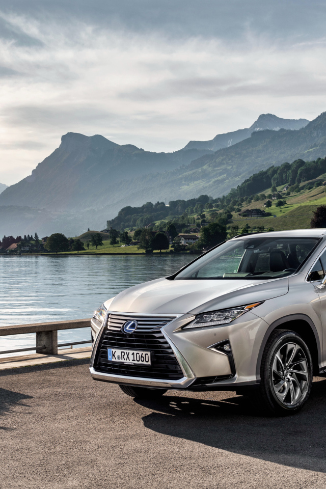 Серебристый автомобиль  Lexus RX на фоне воды