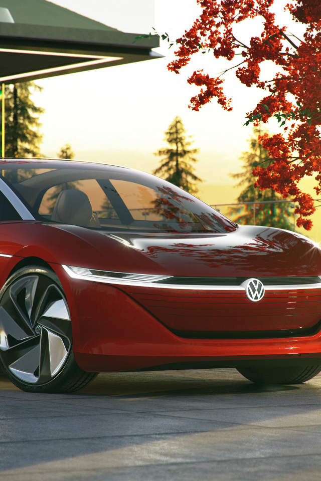 Красный автомобиль Volkswagen Id Vizzion 2018 в лучах солнца