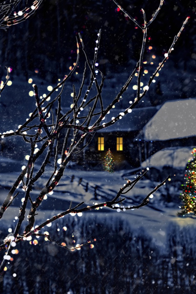 Красивые украшенные деревья на Рождество в деревне зимой