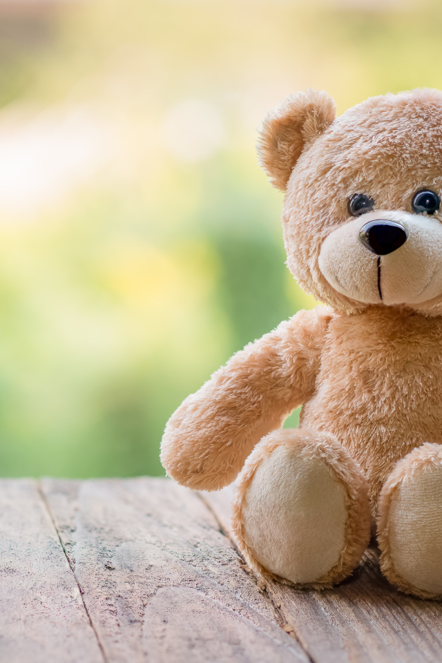 Плюшевый медведь сидит на деревянных досках