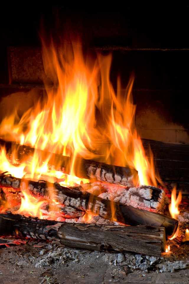 Дрова горят ярким пламенем в камине