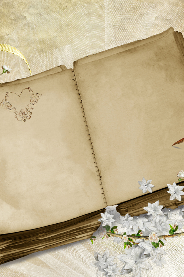 Старая книга с пером и цветами, шаблон для поздравительной открытки