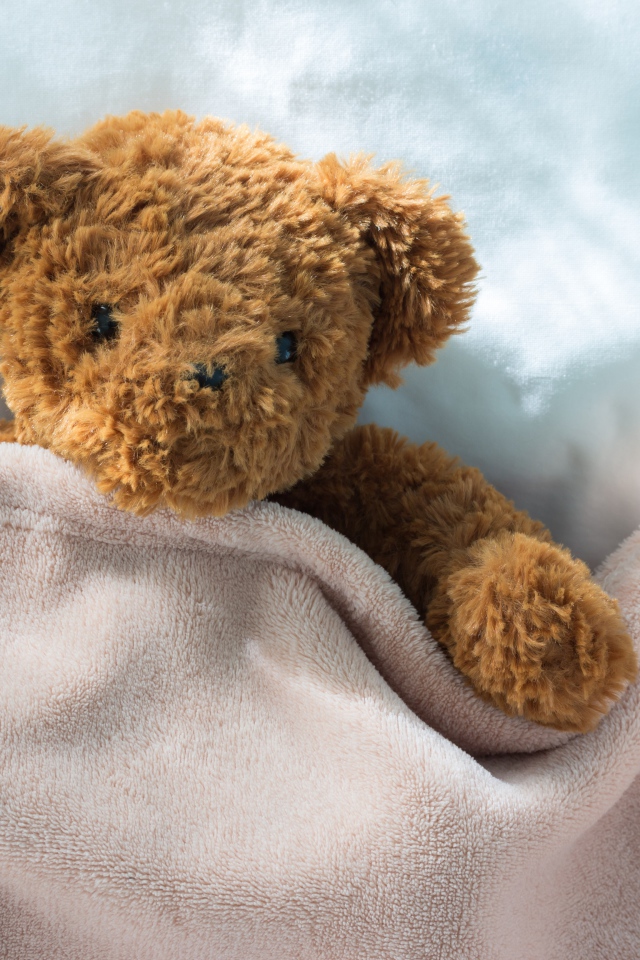 Плюшевый медведь в кровати под одеялом