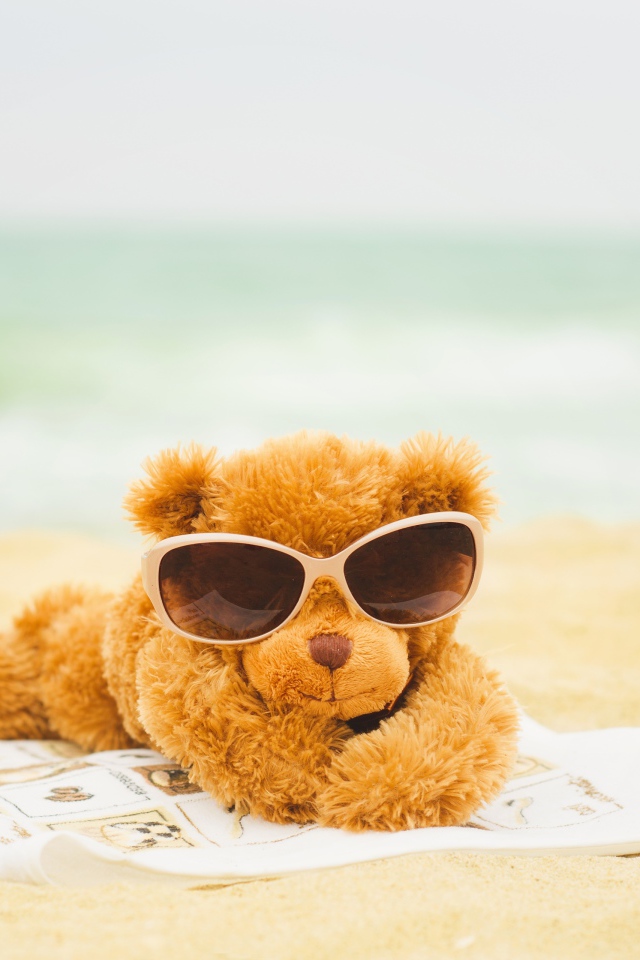 Плюшевый мишка в солнечных очках лежит на пляже