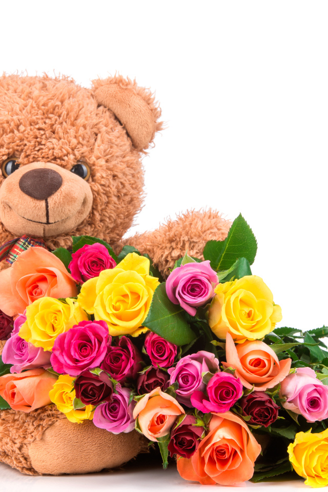 Плюшевый медведь с букетом разноцветных роз на белом фоне