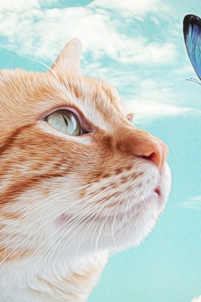 Нарисованный рыжий кот с голубой бабочкой 