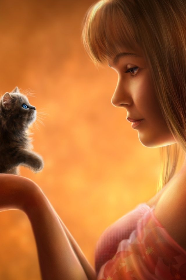 Девушка с цветами в волосах и с маленьким котенком в руках, фэнтези