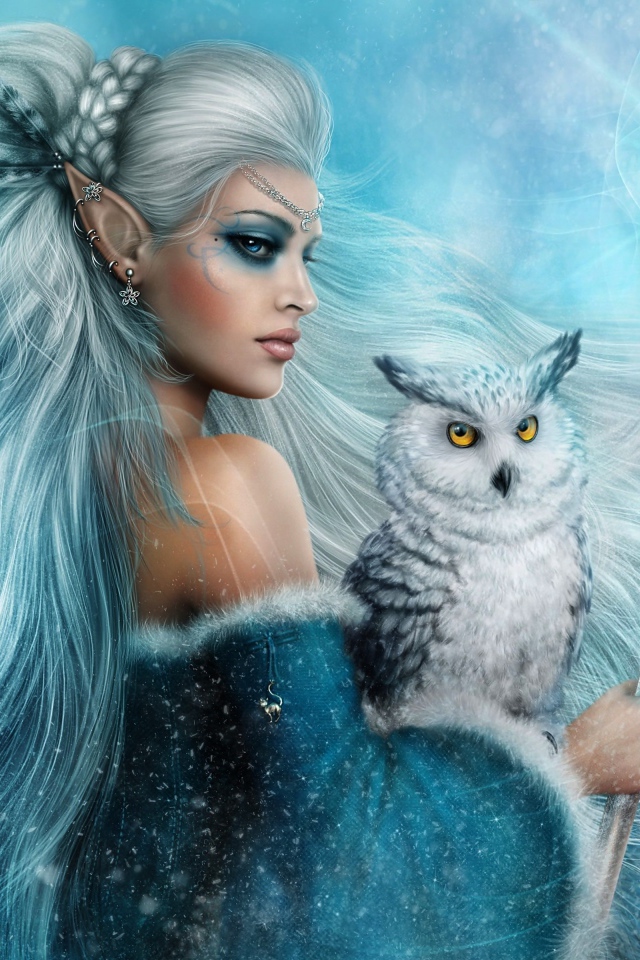 Женщина-эльф с белой совой и скипетром в руках, фэнтези