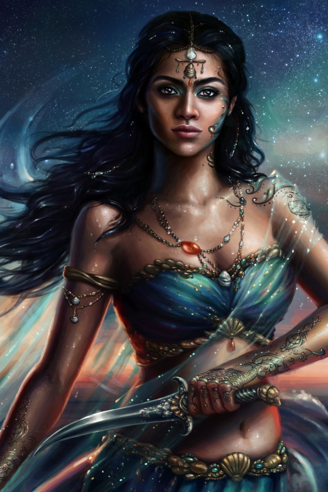 Красивая девушка воин с кинжалом в руках, фэнтези