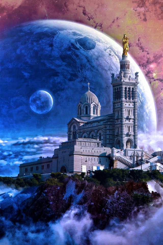 Замок на фоне космических планет, фэнтези